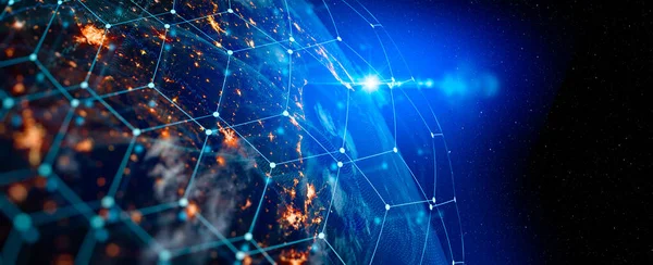 İnternet işi için iletişim teknolojisi. Dünya üzerindeki küresel iletişim ağı ve telekomünikasyon kripto para birimi, engelleme zinciri ve IOT. Bu görüntünün elementleri NASA tarafından desteklenmektedir