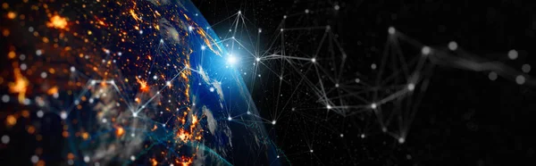 İnternet işi için iletişim teknolojisi. Dünya üzerindeki küresel iletişim ağı ve telekomünikasyon kripto para birimi, engelleme zinciri ve IOT. Bu görüntünün elementleri NASA tarafından desteklenmektedir