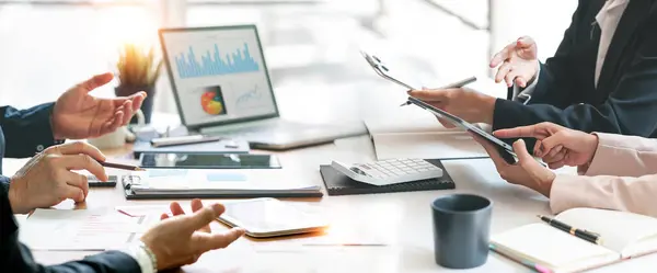 Business people advisor, diverse business people talking, planning analyze investment and marketing on tablet in office.