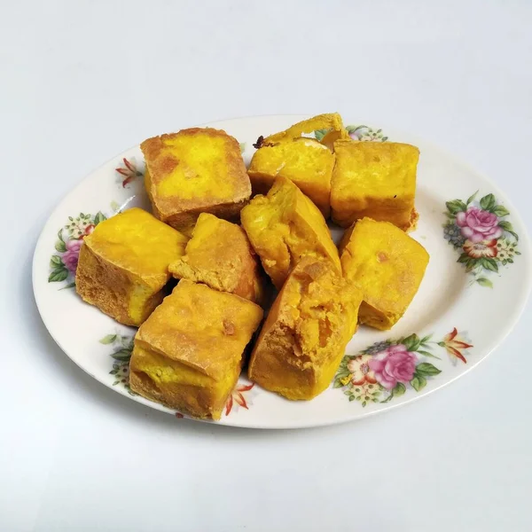 Fried Tofu Served White Plate Isolated White Background — Stock Photo, Image