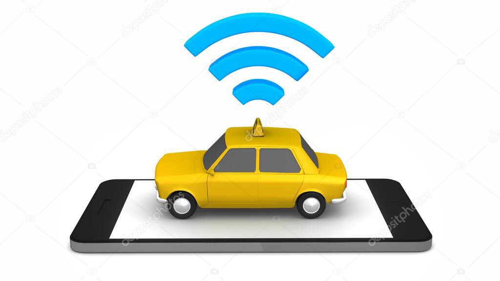 Yellow taxi wi-fi on white background. 3d rendering