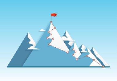 Business concept. Goal achievement, success, winning. Flag on the mountain peak. Vector illustration