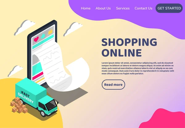 Shopping Online Isometric Web Concept Big Smartphone Digital Marketing Commerce — Stockvektor