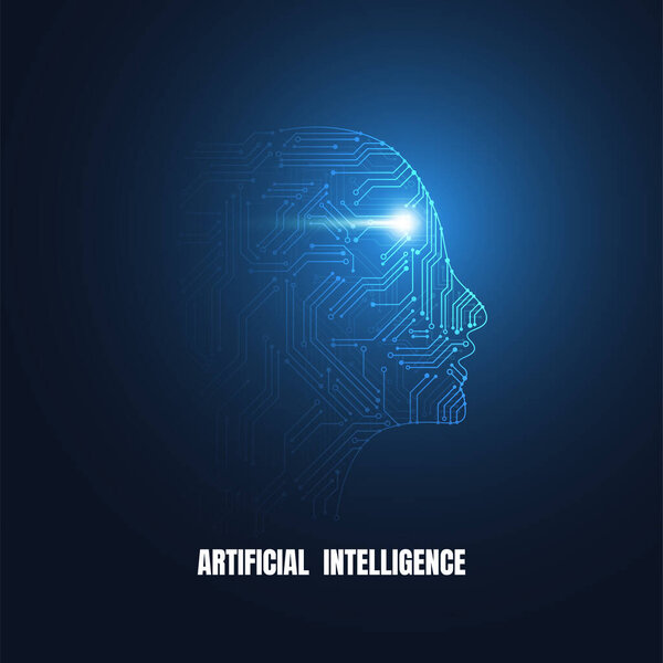 Artificial intelligence. Abstract geometric Human head outline with circuit board. Technology and engineering concept background. Vector illustration
