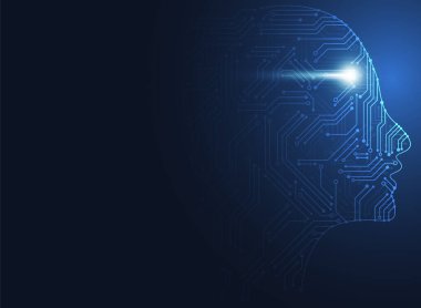 Yapay zeka. Devre kartlı soyut geometrik insan kafası taslağı. Teknoloji ve mühendislik geçmişi. Vektör illüstrasyonu