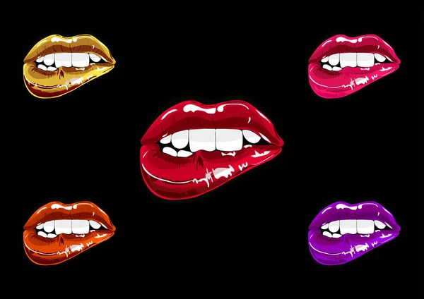 Mouth Set Pop Art Lips Patch Collection Vector Illustration — Stock vektor