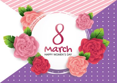 Greeting card with pink rose. 8 March, Happy women's day. Vector illustration