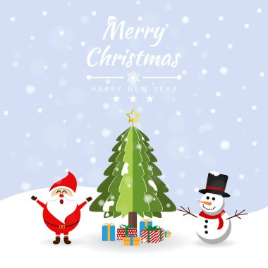 Merry christmas with Santa, Gift box and Snowman at snow. Brochure, Card, Banner Vector illustration