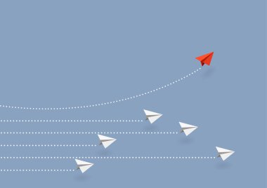 Business concept. Red paper airplane flying changing direction on blue sky of business teamwork and one different vision. Leader, New idea, boss, manager, winner concept, trend. Vector illustration