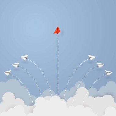 Business concept. Red paper airplane flying changing direction on blue sky of business teamwork and one different vision. Leader, New idea, boss, manager, winner concept, trend. Vector illustration