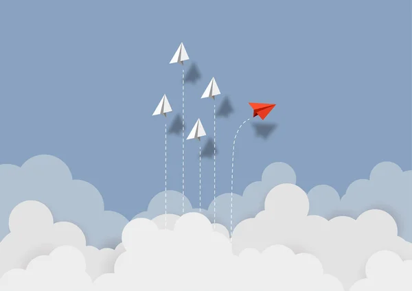 Business Concept Red Paper Airplane Flying Changing Direction Blue Sky — ストックベクタ