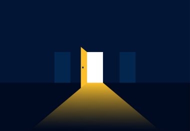The open door out of the darkness to the light. Hope Concept. New Possibilities. Vector illustration