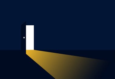 The open door out of the darkness to the light. Hope Concept. New Possibilities. Vector illustration
