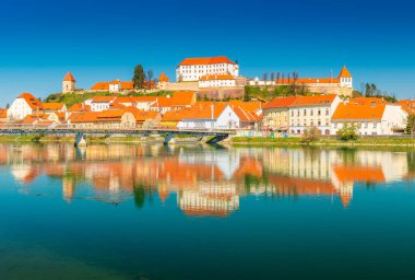 Ptuj - Mart 2021, Slovenya: Antik Slovenya 'nın Ptuj kentinin güzel manzarası suya yansıdı