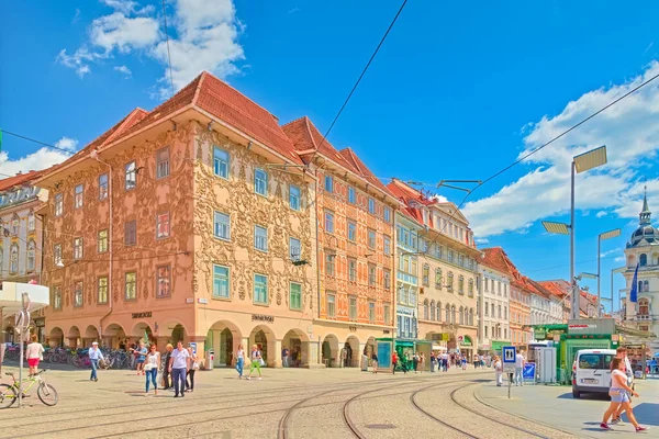 Graz Červen 2020 Rakousko Pohled Centrum Města Graz Tramvajovými Linkami — Stock fotografie