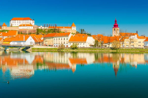 Beautiful Cityscape Ptuj Reflected Water Slovenia — Stock Photo, Image