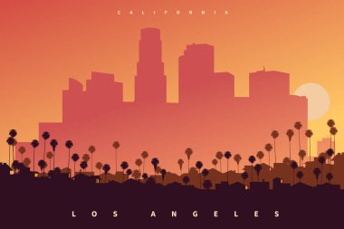 Los Angeles şehir merkezi, günbatımında, Kaliforniya, ABD. Bir poster stili yaratıcı vektör illüstrasyonu