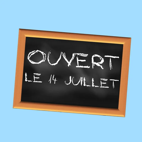 Open July Written Chalk French Black Slate Sky Blue Background — Foto Stock