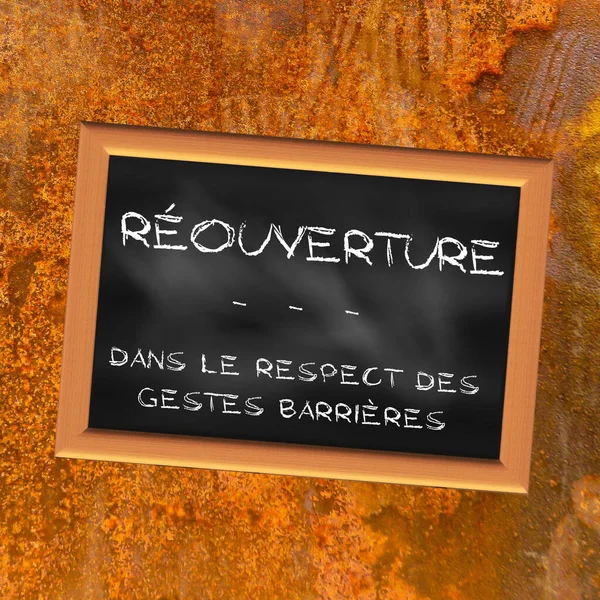 Επαναλειτουργία Σύμφωνα Χειρονομίες Φραγμού Γραμμένες Κιμωλία Στα Γαλλικά Μαύρο Σχιστόλιθο — Φωτογραφία Αρχείου