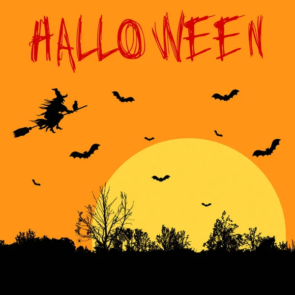 Halloween Card Orange Background Witch Bats Yellow Moon Trees — Stock Photo, Image