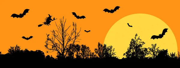 Halloween Card Forest Wood Orange Background Yellow Moon Trees Bats — Stock Photo, Image