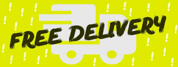 Free delivery written in black in English language on a large white delivery truck with a yellow background with exclamation mark