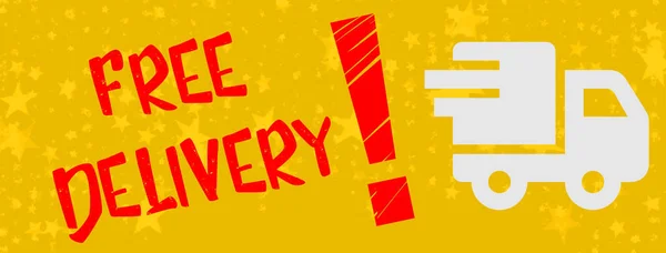 Free delivery written in red in english language, a exclamation mark and a white delivery truck on a yellow background with stars