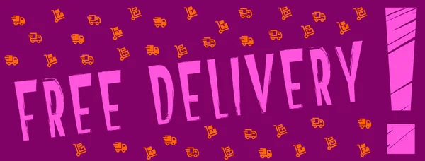 免费送货 用粉色英文书写 背景为紫色 手推车为橙色 — 图库照片