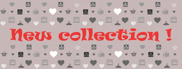 New collection written in English language in red color with a grey background and a lot of icons : shopping bags, hangers, heads, baskets, store fronts