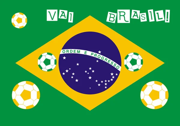 ブラジルはポルトガル語で白で黄色と緑のサッカーボールでブラジルの背景のフラグに書かれて行く ヴァイブラジル という意味 ブラジルに行く — ストック写真