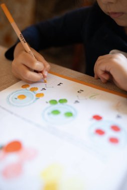 A child is drawing in a workbook. Home education, home studying. Preschool