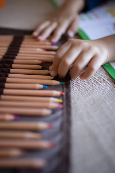 Closeup Kid Hand Taking Sharpened Pencils Different Colors — Stockfoto