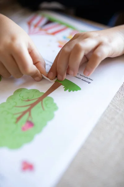 Closeup Kid Hand Sticking Sticker Workbook Home Education Home Studying — Stockfoto