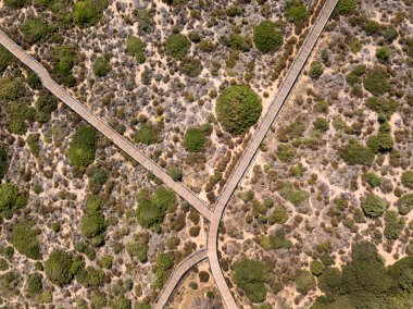 Aerial view of Sand Dunes de Artola Cabopino Marbella Scenic Wooden Path to the Beach, Mijas Marbella SPAIN