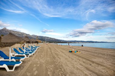 Beach in Puerto Banus, Marbella, Spain. Marbella is a popular holiday destination located on the Costa del Sol in the southern Andalusia