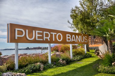 Puerto Banus , Marbella / Spain -  November 02 2018 : Iconic sign of Puerto Banus , Marbella the most famous and luxury marina from Costa del Sol Spain