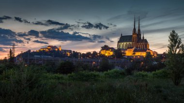 The beautiful Evening in Brno, The Cathedral of Saints Peter and Paul and Spilberg castle in background, Czech Republic, Europe. HD wallpaper, 4k background. Taken during blue hour.