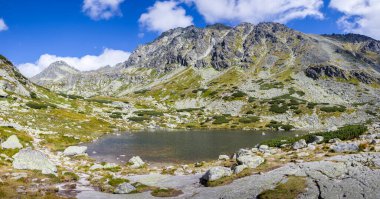 Beautiful panoramic mountain lake landscape, Pleso nad Skokom, Vodopad Skok, Vysoke Tatry, High Tatras - Slovakia, Europe. HD wallpaper, 4k Green background