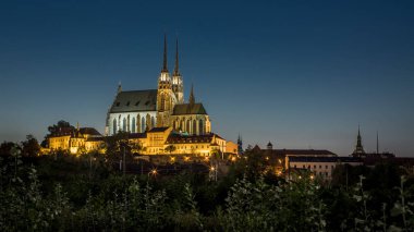 The beautiful panoramic view of Brno Petrov - The Cathedral of Saints Peter and Paul, Czech Republic, Europe. Illuminated at Night. Blue hour panorama. HD background. Perfect Wallpaper 4k.