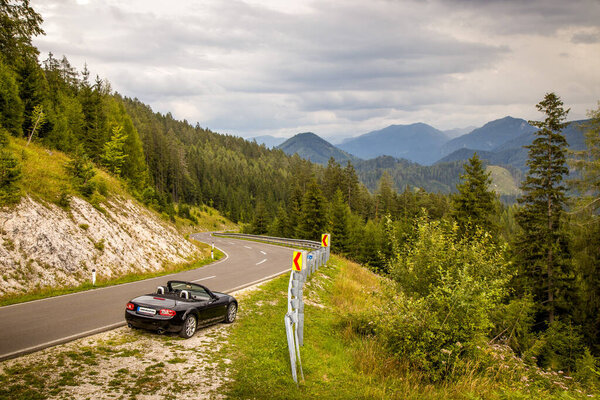 Sports car on winding alpine road, Zellerrain Pass, Zellerrain Strasse, near Mariazell, Austria, Mazda MX-5 NC, NC2, NCFL, Miata. Amazing Green background HD. Perfect Wallpaper 4k