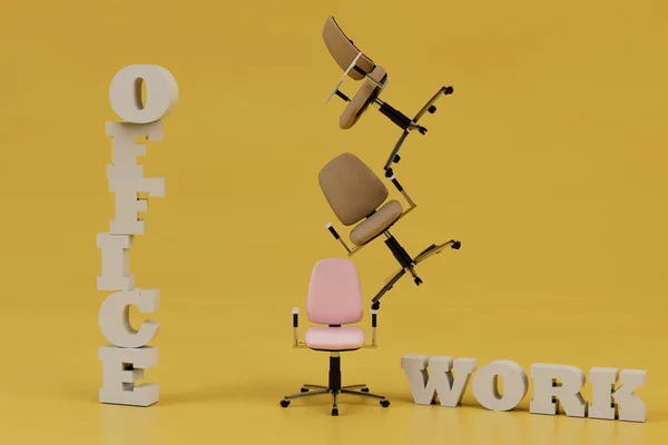 office work. patterns of office chairs standing on top of each other in brown and pink colors on a yellow background. chairs for office workers. 3d render. 3d illustration