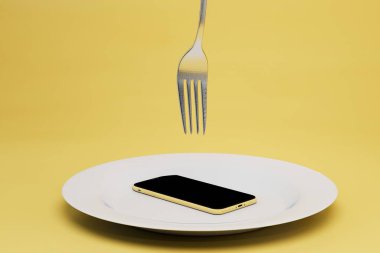 Yemek için akıllı telefon ile ödeme. Akıllı telefonlu bir plaka ve sarı arka planda bir fiş. 3 Boyutlu Hazırlama.