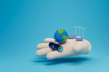 Elektrik enerjisi üretmek için alternatif yöntemler. Rüzgar türbinleri ve bataryaları olan bir el. 3 Boyutlu Hazırlama.