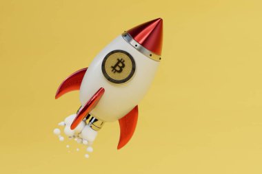 Bitcoin logo roketatar, kripto para birimi konsepti. Sarı arka planda bitcoin olan roket. 3d hazırlayıcı.