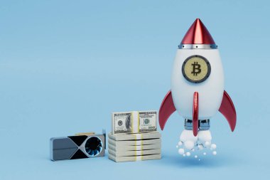 Video kartlarından kripto para kazanma. Bitcoin, dolar ve video kartı olan bir roket. 3 Boyutlu Hazırlama.