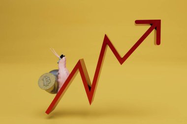 Kripto para birimi fiyatlarının artışının grafiği. Sanal gerçeklik gözlüklü bir salyangoz ve kırmızı okta sürünen bitcoin. 3 Boyutlu Hazırlama.