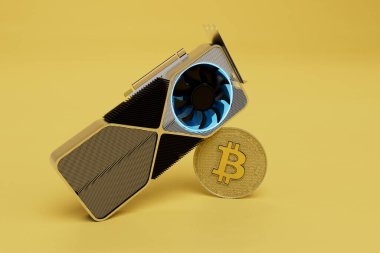 Kripto para madenciliği için video kartı. Sarı arka planda vasiyet kartı ve bitcoin. 3 Boyutlu Hazırlama.