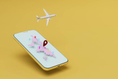 Dünya 'yı uçakla dolaşmak. Akıllı telefondan gidilecek yeri gösteren dünya haritası. kopyala yapıştır. 3d hazırlayıcı.