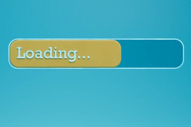 İnternet araması. Mavi arka planda sarı bilgi sayfası yükleme göstergesi. 3d hazırlayıcı.