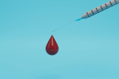 Kan testi konsepti. Mavi arka planda şırınga ve bir damla kan. 3d hazırlayıcı.